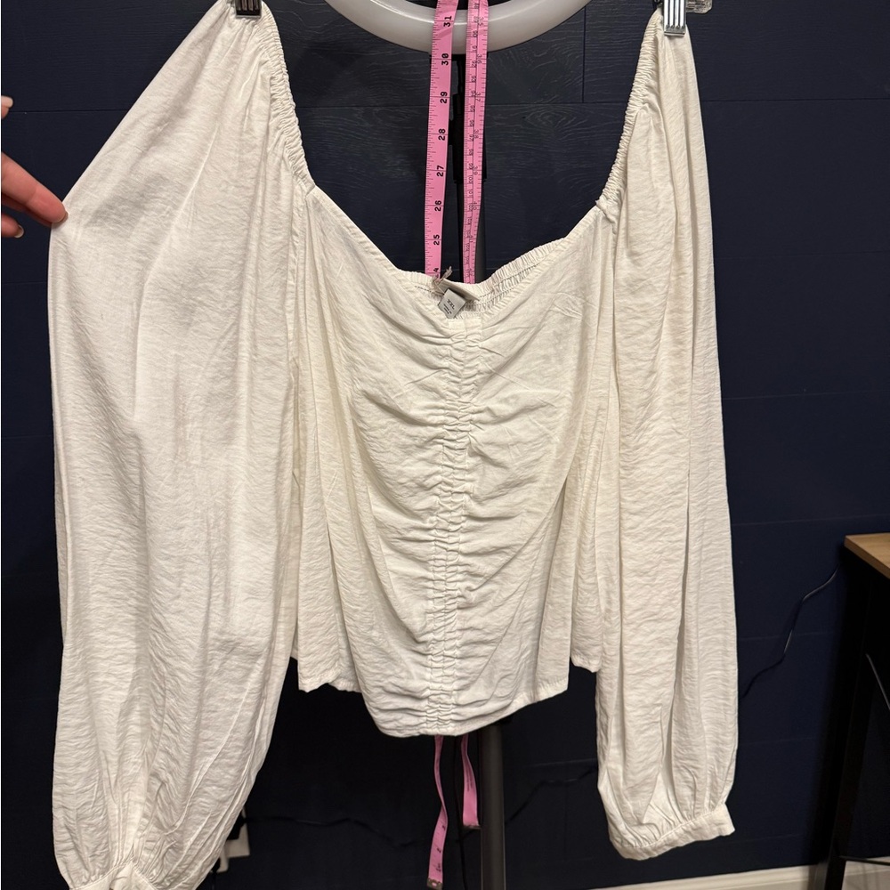 A New Day Cream Blouse with Ruched Tie Front and Bishop Sleeves